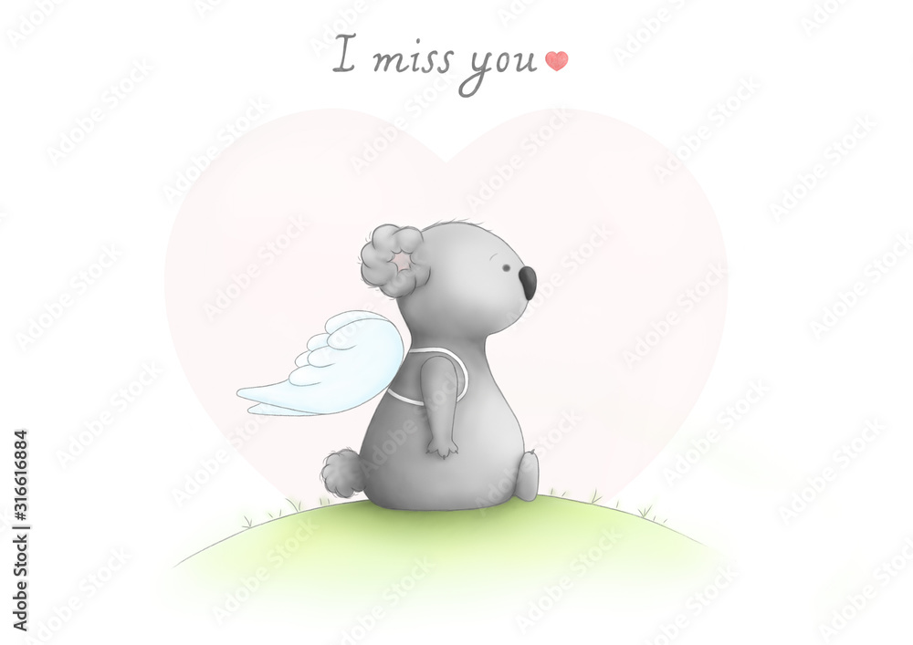 Cute Hand Drawn Sad Koala Bear Drawing Sitting Wearing Angel Wings Looking Sad With Text I Miss You On White Background Stock Illustration Adobe Stock