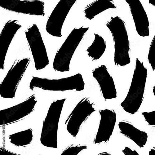 Brush strokes vector seamless pattern in memphis style. Full rounded lines and smears. Black and white mosaic texture.