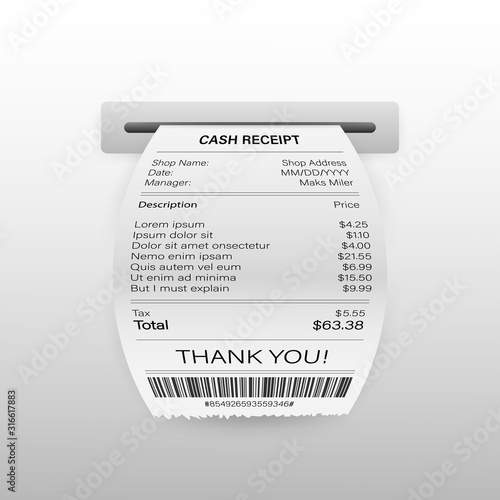 Vector Realistic 3d Paper Printed ATM Transaction Record Receipt Set Closeup Isolated on White Background