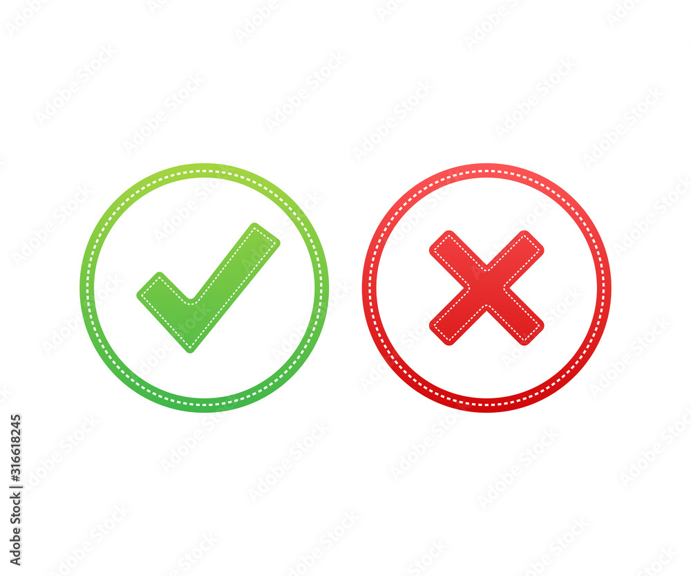 Tick and cross signs. Green checkmark OK and red X icon. Symbols YES and NO button for vote. Vector stock illustration Tick and cross signs. Green checkmark OK and red X icon. Symbols YES and NO button for vote. Vector stock illustration