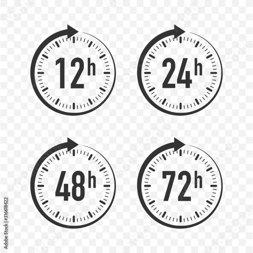 12, 24, 48, 72 hours clock arrow. Work time effect or delivery service time. Vector stock illustration.