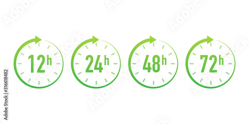 12, 24, 48, 72 hours clock arrow. Work time effect or delivery service time. Vector stock illustration.