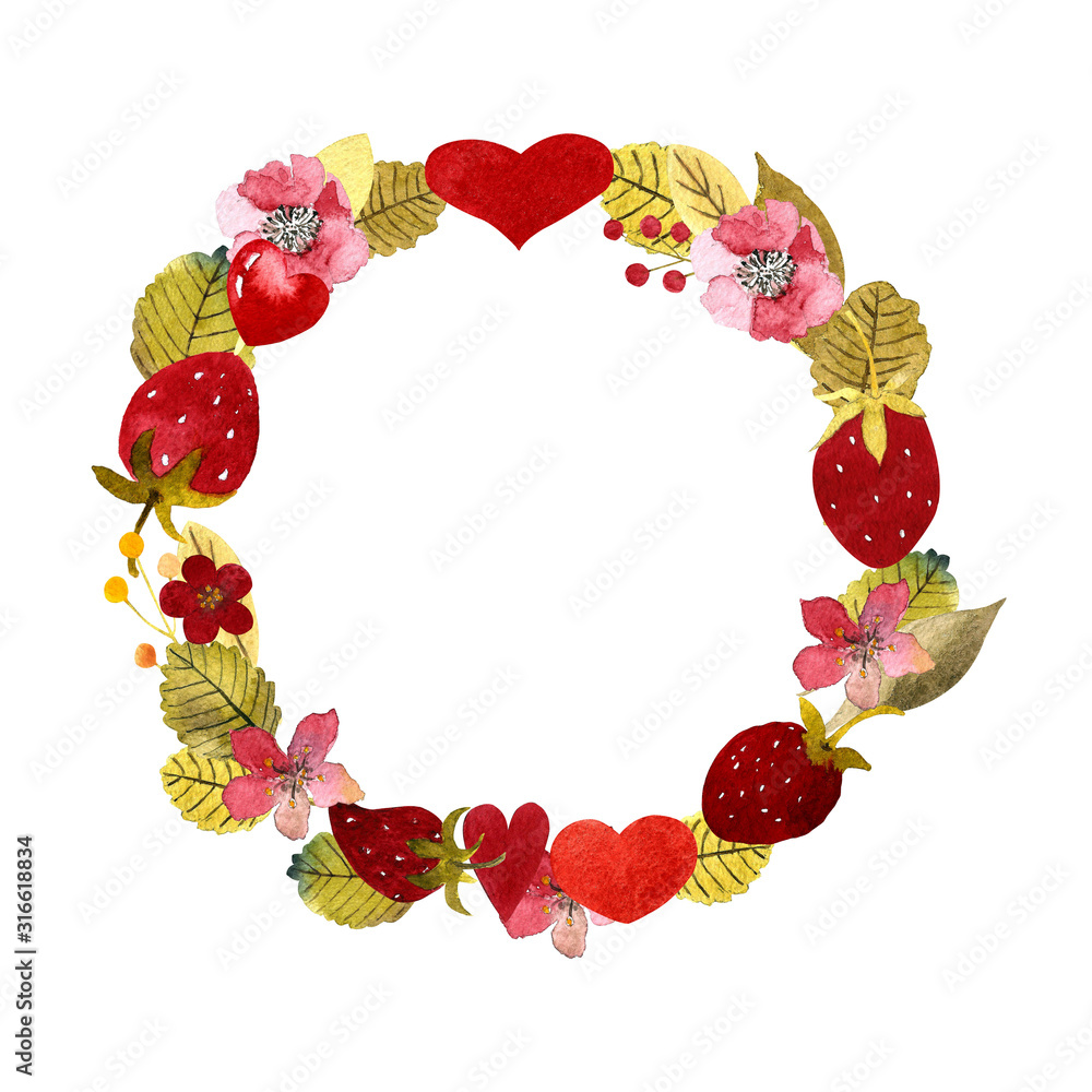Wreath with hearts, leaves, flowers, strawberry Watercolor Illustration Wreath with hearts, leaves, flowers, strawberry Watercolor Illustration