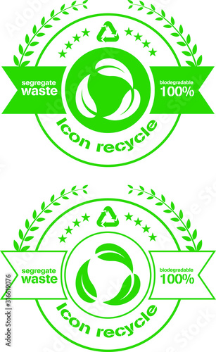 Green icon recycle, segregate waste, biodegrade. Environmental logo or stamp. Vector eco symbol.