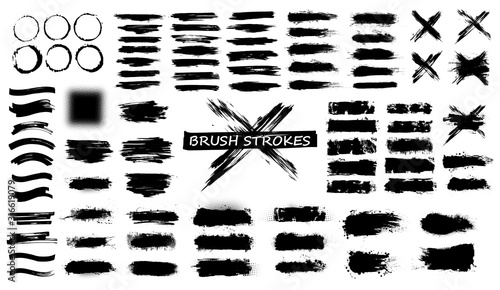 Detailed brush strokes set. Vector black grunge set isolated on white background. Ink splashes. Black ink splatter dirt stain. Spray splash with drops blots isolated grunge silhouette set.