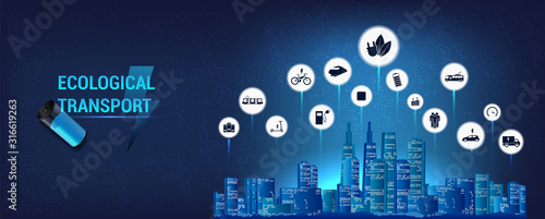 E-mobility icons, Completely ecological city. Ecological city and public transport. The concept of an electric vehicle and individual transportation alternatives, e-bike, scooter, car sharing, e-car