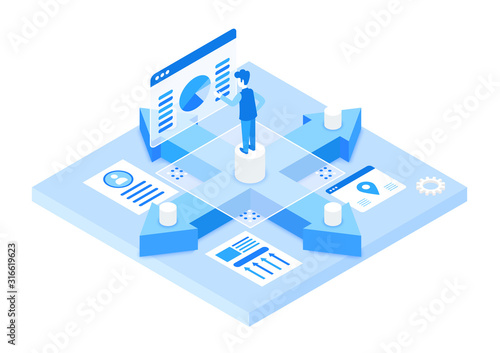 Change the way your work isometric vector illustration. Digital information organization and analysis. SEO and computer tech. Virtual platform. Corporate management cartoon conceptual design element