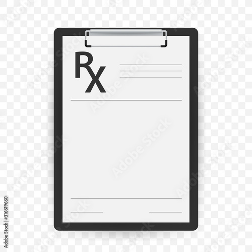Blank Rx prescription form isolated on white background. Vector stock illustration.