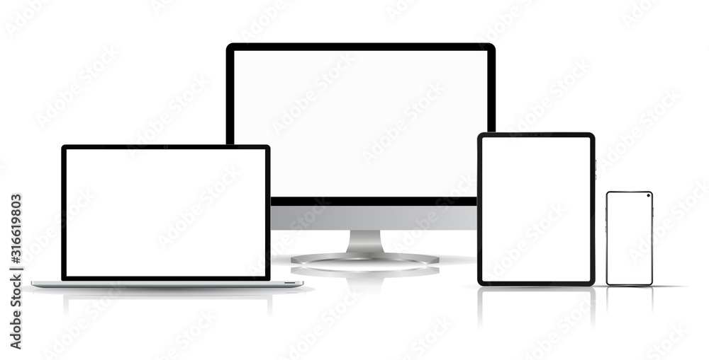 Realistic computer, laptop, smartphone and tablet with reflection from a smooth surface. Mockup gadgets isolated white background. Device for graphics presentations wallpaper design. Vector set