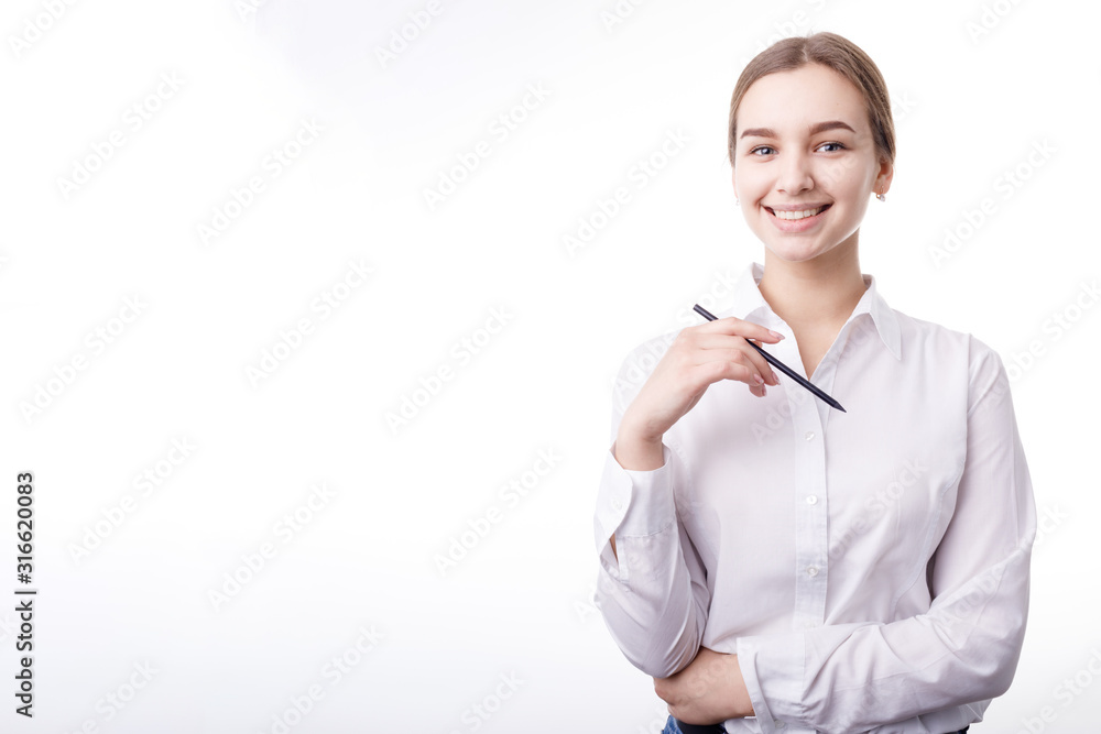 Pretty blonde white collar posing with a pencil isolated white background copyspace Pretty blonde white collar posing with a pencil isolated white background copyspace