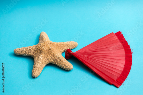 starfish and red fan on blue background photo