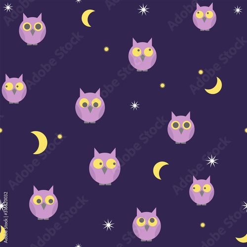 Seamless night pattern of cartoon owls, crecsents and stars on dark blue. Repeating night background for fashion, pyjamas, print, wallpaper, textile, backdrop design.