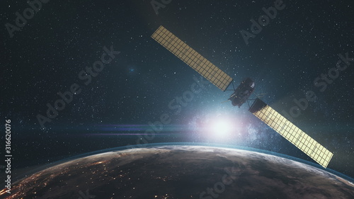 Modern space probe flying near rotating planet. Rosetta over Earth illuminated mainland in cosmos. Sun rise skyline. 3d render animation. Science technology. Elements of this media furnished by NASA.