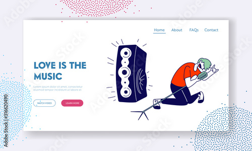 Artist Singing at Music Event or Concert Website Landing Page. Man on Stage Performing Rock Composition in Karaoke Bar. Corporate Party Web Page Banner. Cartoon Flat Vector Illustration, Line Art