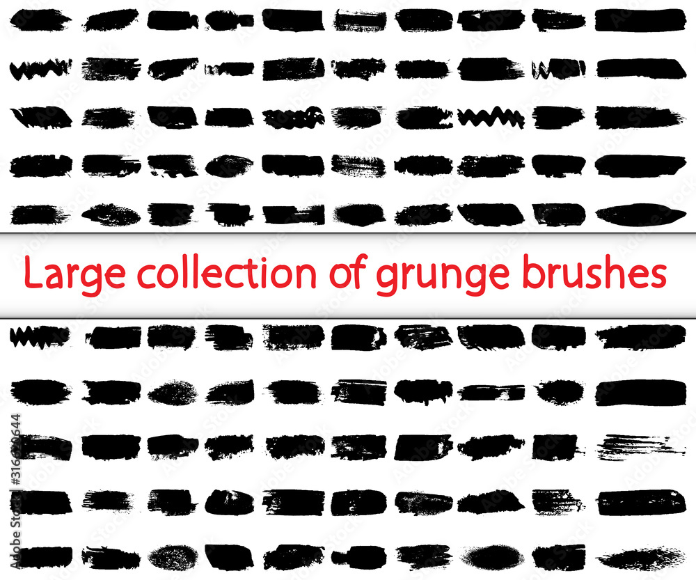 Obraz premium Large collection of grunge brushes. Abstract lines with a dry brush. Smears of black paint. Ink spots on a white background