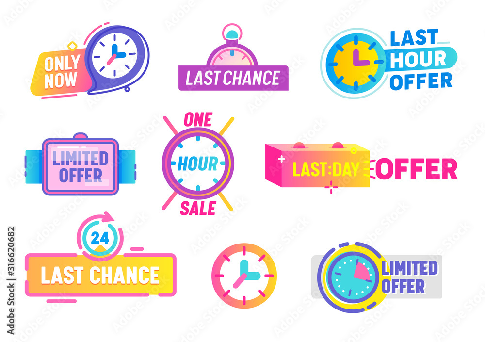 Last Chance Limited Offer Icons Set Isolated on White Background. Discount Card Collection, Multicolored Badges for Store Discount Announcement. Alarm Clock and Watch Logo Cartoon Vector Illustration