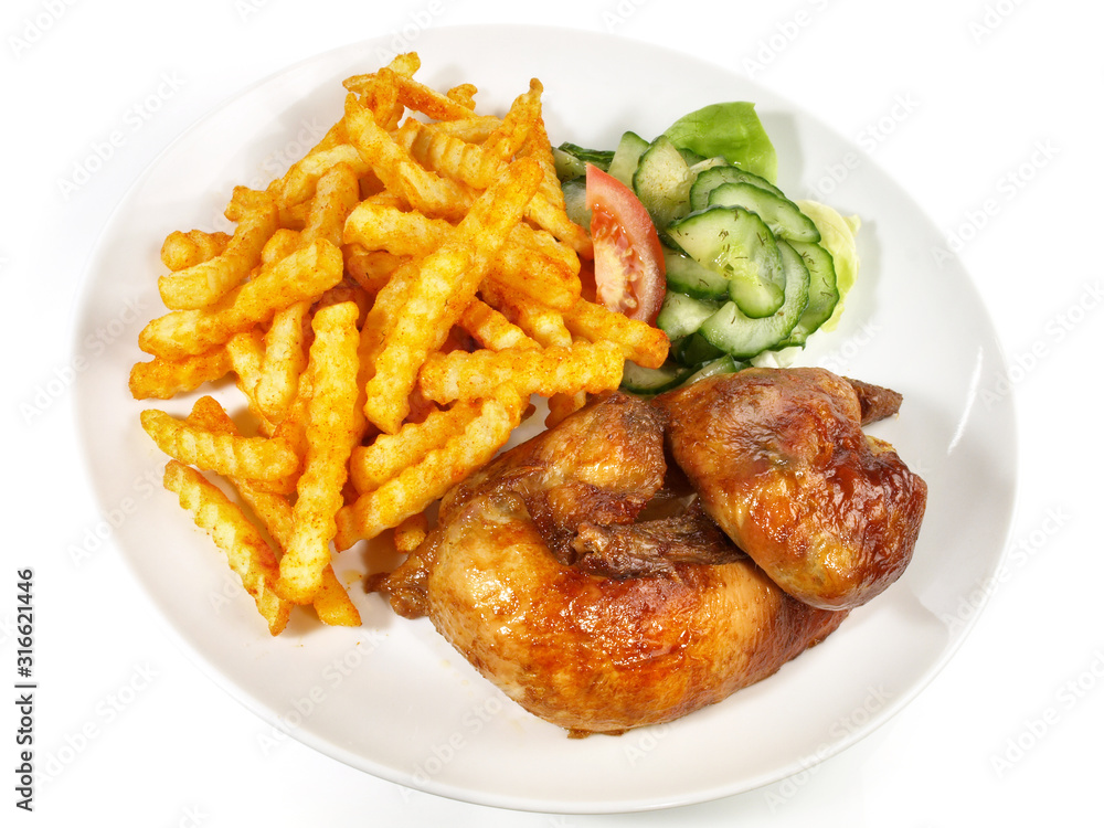 Halbes Hähnchen mit Pommes Frites Halbes Hähnchen mit Pommes Frites