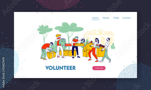 Donation and Charity Website Landing Page. Volunteers Characters Bringing Boxes for Poor Homeless People in Complicated Life Situation Web Page Banner. Cartoon Flat Vector Illustration, Line Art