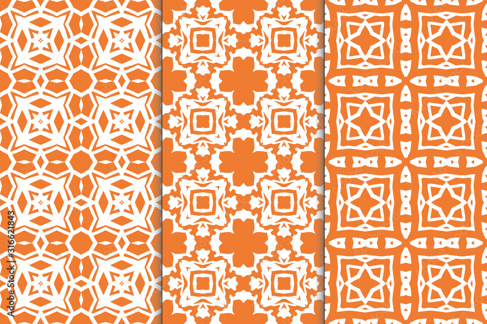 Fototapeta premium Set of seamless patterns. Stylish graphic patterns on a colored background. Template art textures for printing on fabric, wrapping paper, Wallpaper. Vector ornament