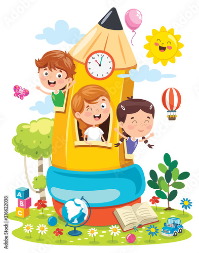 Cute Children Playing At Pencil House