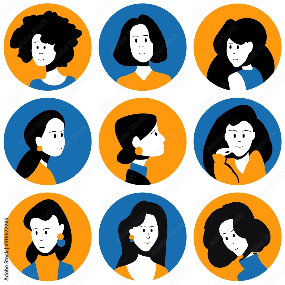 Set of female faces flat vector characters. People icons collection. Set of female faces flat vector characters. People icons collection.