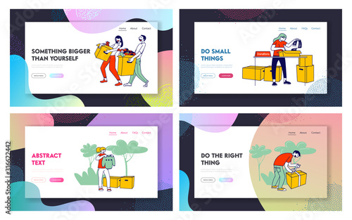 Homeless People Support Donation Social Care Website Landing Page Set. Selfless Kind Caring Altruistic Volunteers Collecting Clothes to Box Web Page Banner. Cartoon Flat Vector Illustration, Line Art