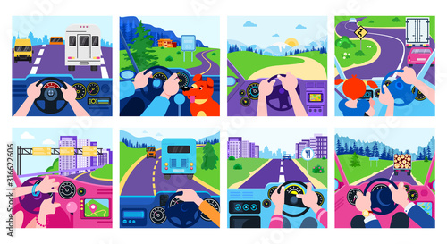 Car driving hands on steering wheel, autos dashboard, road view vector illustration set. Woman, man drivers hands. Traffic in city, nature, different transport. Dog, child, gps navigator inside car.