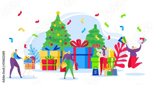 Christmas shopping sale gifts vector illustration. Happy people in shop buy new year and christmas presents. Xmas tree, decorated boxes, cart. Winter holidays season discounts.