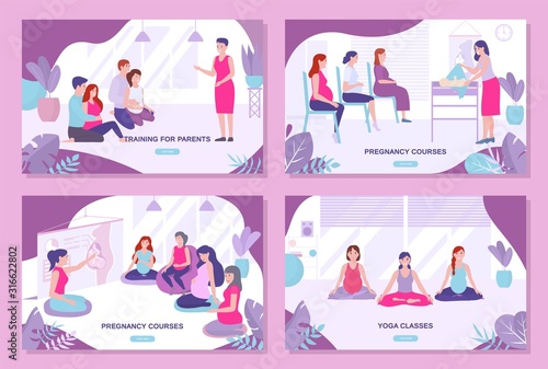 Pregnancy courses, parents training, yoga class for pregnant women vector illustration set. Cards, flyers, landing page collection. Girls learn about pregnancy, newborns care, do exercises with men.