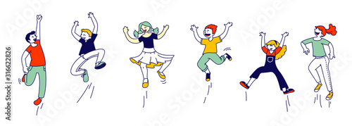 Happy Kids Stand in Row Dancing and Jumping Isolated on White Background. Little Children Rejoice on Summer Time Vacation or Party. Cute Funny Boys and Girls Cartoon Flat Vector Illustration, Line Art © Pavlo Syvak