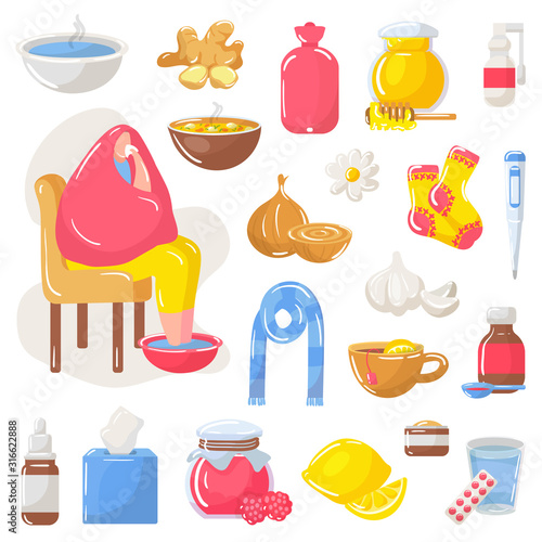 Home treatment remedies in flu season vector illustration isolated set. Sick flu person warms feet in water. Honey, ginger, tea with lemon, chamomile and garlic. Medicines, socks, thermometer, soup.