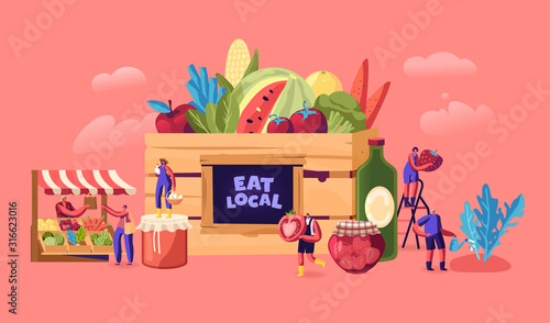 Eat Local Concept. Tiny Male and Female Characters Buy Fresh Healthy Tasty and Organic Seasonal Food without Exporting. Traditional Environment Homestead Groceries Products Cartoon Vector Illustration