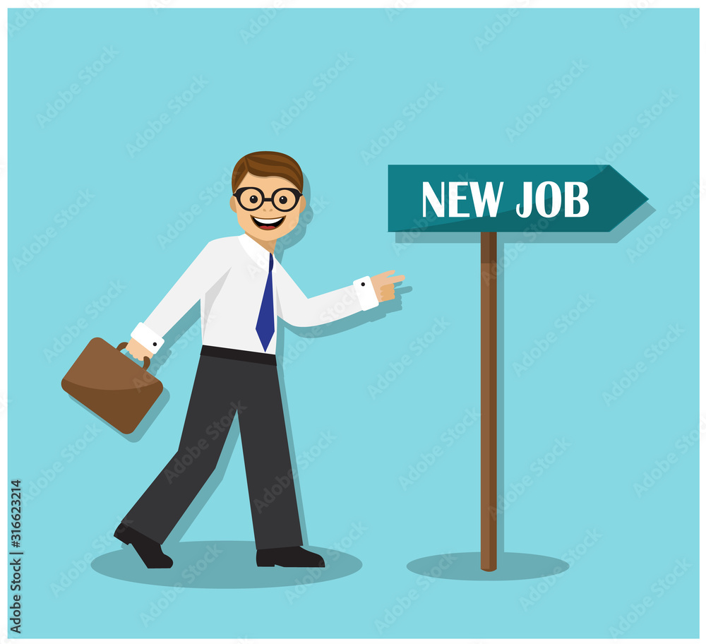 cheerful businessman walking next to a pointer to a new job cheerful businessman walking next to a pointer to a new job