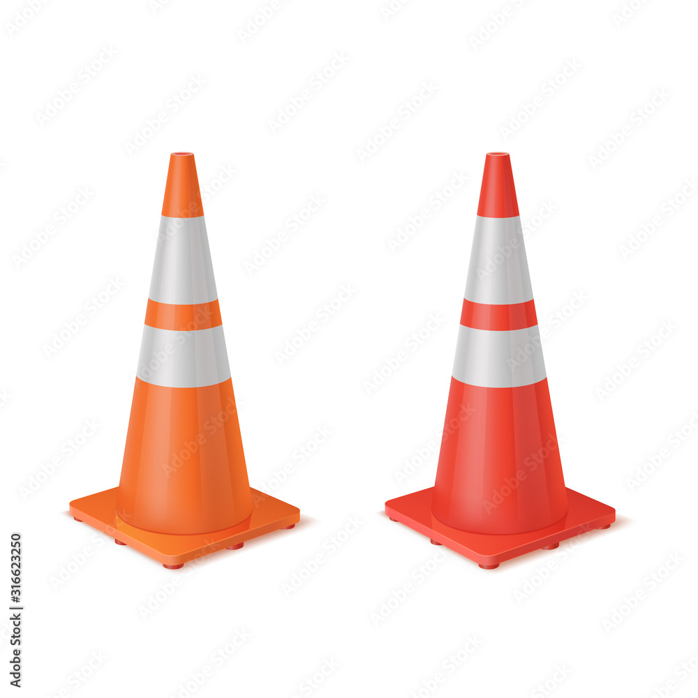 Red and orange realistic road plastic white striped shiny cones. Red and orange realistic road plastic white striped shiny cones.