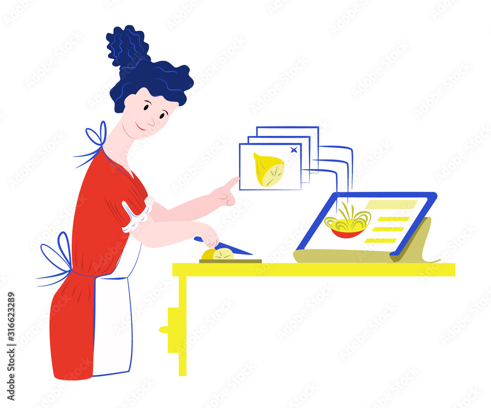 Vector flat illustration with young, happy woman in apron who s cooking in kitchen. Recipe s viewed from mobile device online through Internet. Site interface is shown abstractly, enlarged. 