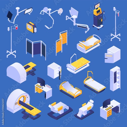 Medical equipment, hospital or clinic healthcare vector illustration isometric set. Dropper, ultrasound, MRI devices, defibrillator and surgical lamp. Furniture computer desk, wardrobe, safe, beds.