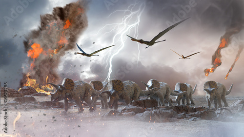 Fototapeta Naklejka Na Ścianę i Meble -  concept destruction of dinosaurs by a falling   meteorite, 3d render