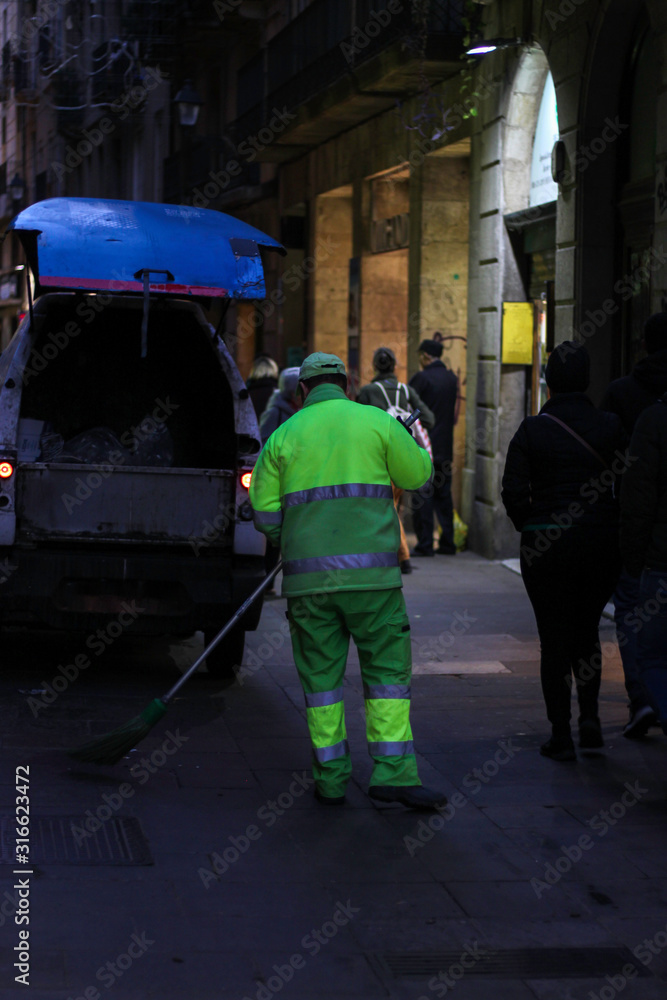 Trashman cleaning the street in Barcelona