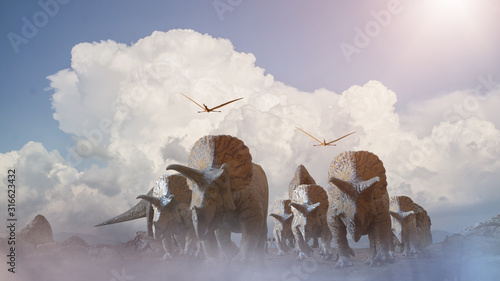 Fototapeta Naklejka Na Ścianę i Meble -  different dinosaurs on prehistoric background of nature, 3d render