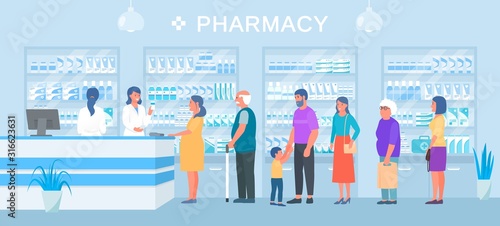 Pharmacy, people medicines buyers queue, smiling pharmacist seller vector illustration. Different pharmacy clients pregnant woman, elderly, man with child stand in line. Shelves with drugs. photo