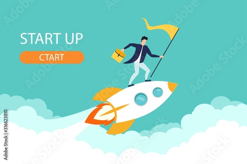 Happy successful Start up businessman holding goal flag standing on rocket ship flying through blue sky. business startup concept.
