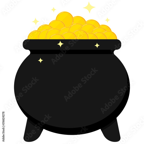 Black cauldron full of golden coins isolated on white background.
