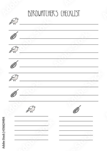 Cute black and white checklist for birdwatcher and ornithologist. Printable planner for young naturalist. Hand drawn vector illustration with kawaii birds and feathers