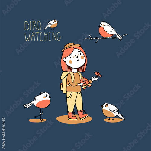 Birding and ornithology concept. Woman birdwatching. Young girl bird watching with binoculars and feeds a bird. Cute cartoon birds vector illustration in doodle style
