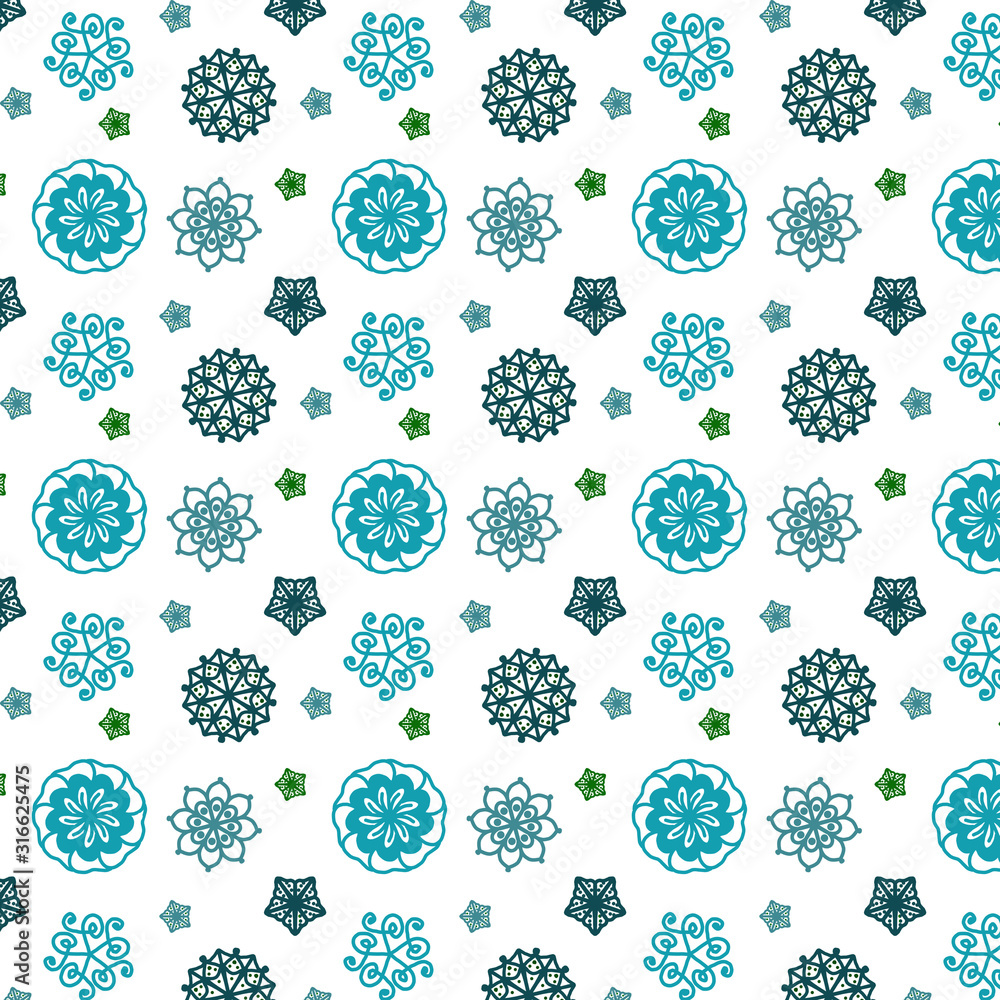 Seamless repeat pattern with flowers in blue, green  on white background. drawn fabric, gift wrap, wall art design, wrapping paper, background, fabric print, web page backdrop.