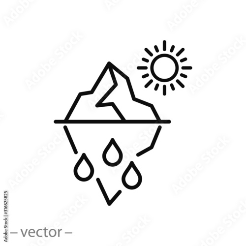 iceberg melting icon, sun and glacier, change climate, problem global warming, thin line web symbol on white background - editable stroke vector illustration eps10