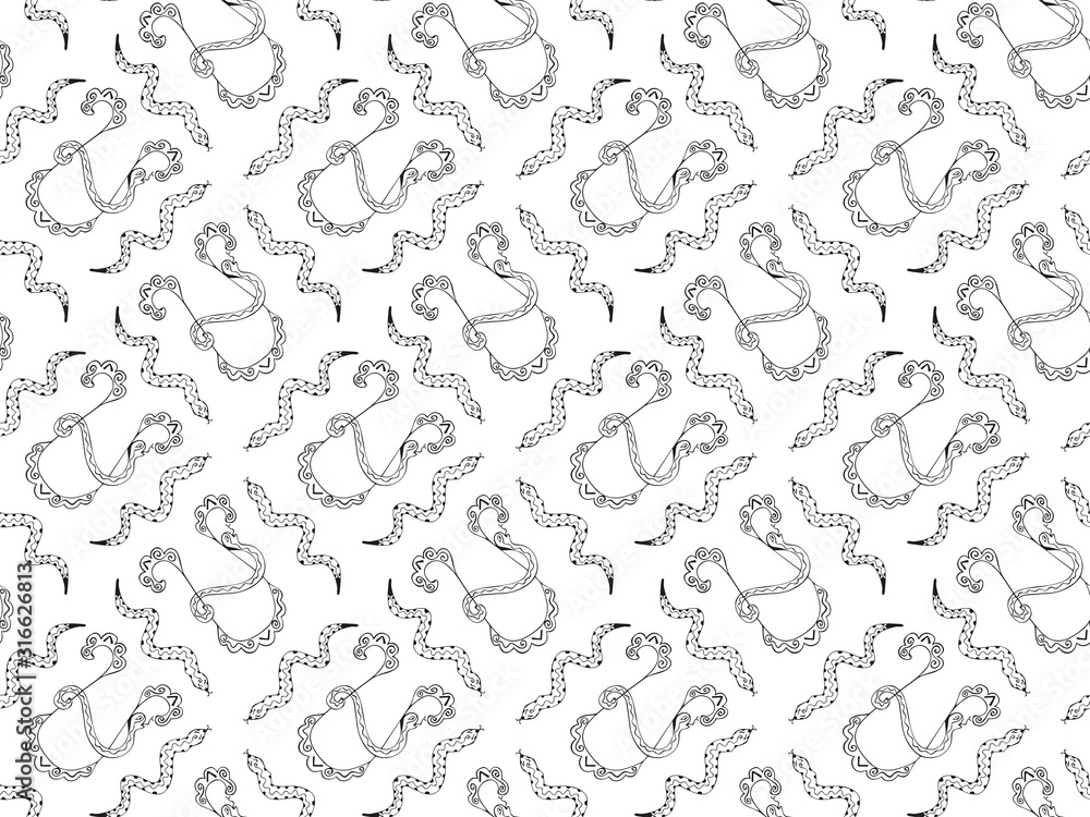 Black and white seamless pattern from the ornamental zodiac sign symbolizing Ophiuchus and snakes. For textile, wallpaper, fabric and wrapping paper. Vector.