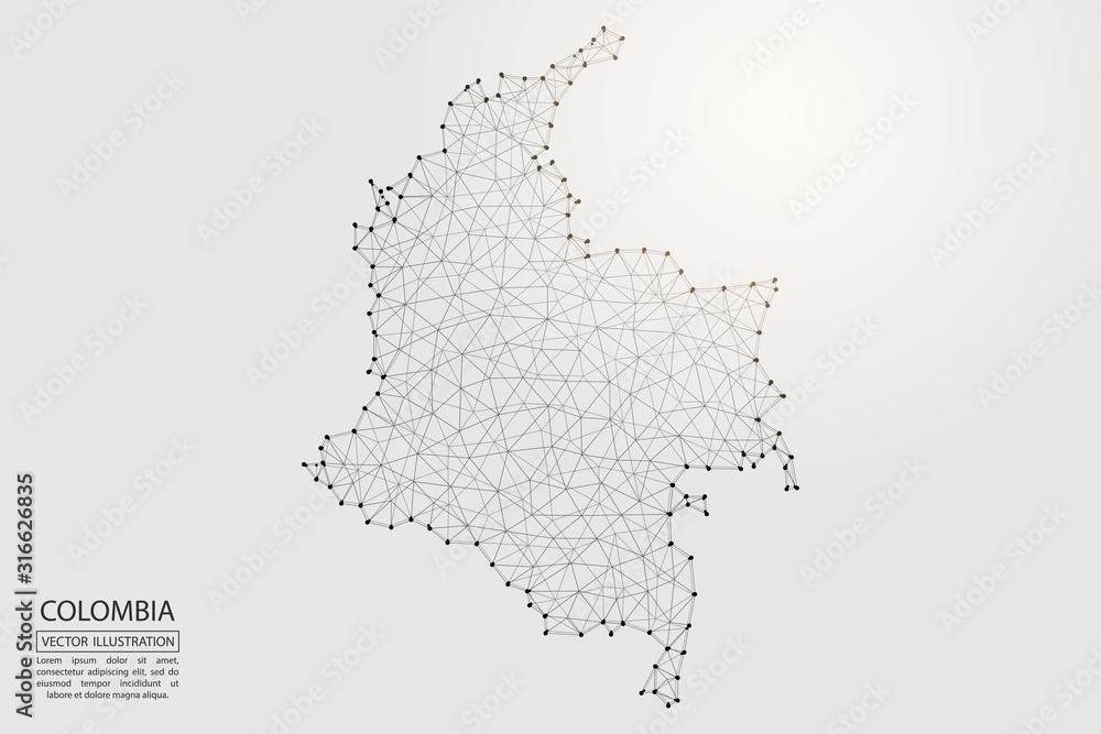 Obraz premium A map of Colombia consisting of 3D triangles, lines, points, and connections. Vector illustration of the EPS 10.