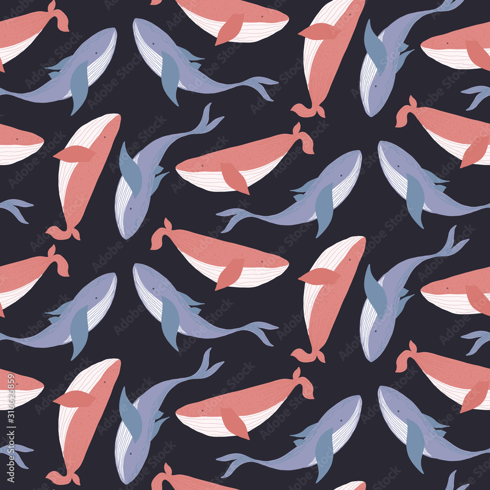 Vecteur Stock Tender dark seamless pattern with coral pink and blue ...