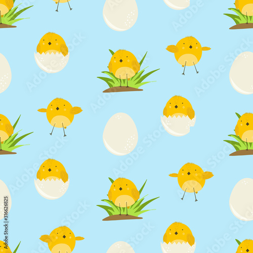Cute blue cartoon seamless pattern with sunny yellow chicken in grass, in eggs and flying. Childish orange vector birds texture for kids print design, spring Easter wrapping paper, textile, wallpaper